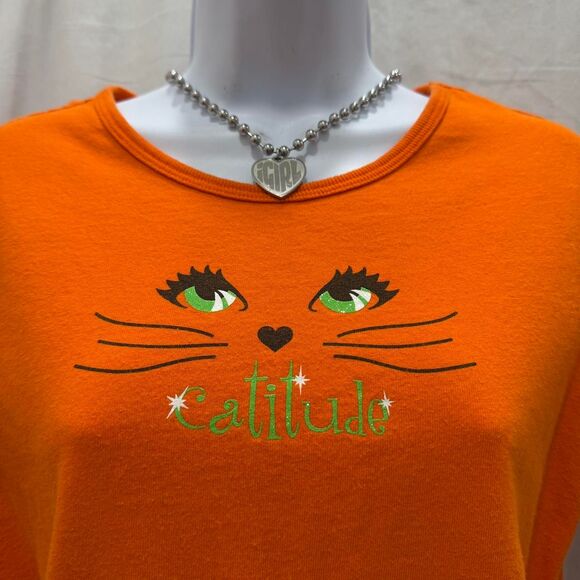 orange halloween catitude graphic baby tee cat eyes Y2K fits M - Picture 3 of 5